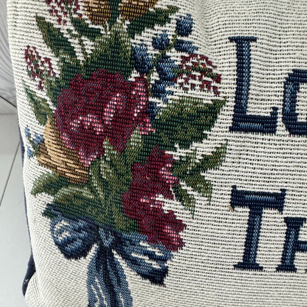 Vintage Tapestry Pillow Love Makes The World Go 'Round 80s Floral Design Cottage - Picture 2 of 5